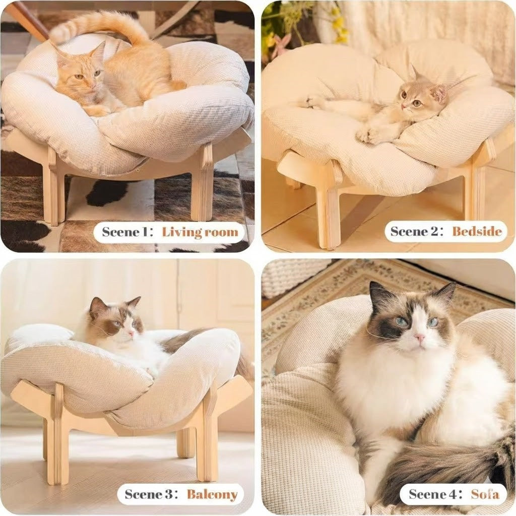 Elevated Wooden Cat Bed with Soft Cushion Raised Pet Lounge Chair Sofa – Modern Solid Wood Cat Hammock for Indoor Cats and Small Dogs with Linen Fish Toy