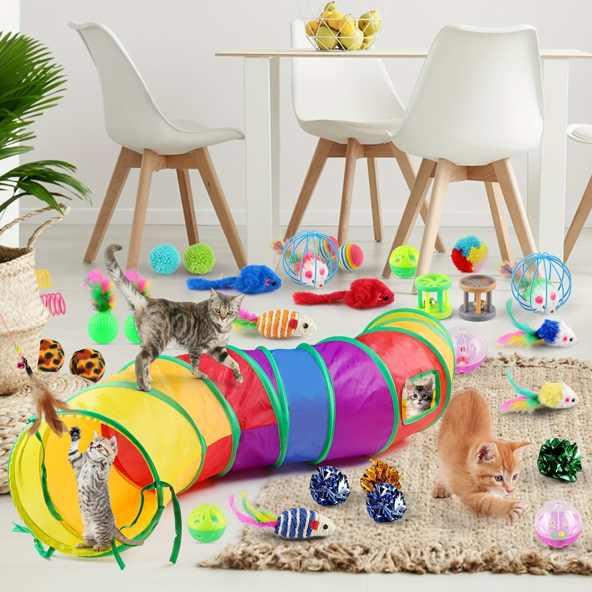 32-Piece Cat Toy Set with Rainbow Tunnel – Kitten Toys Assortment Including Feather Teaser Wand, Sisal Mice, Bell Balls & Crinkle Balls for Indoor Cats