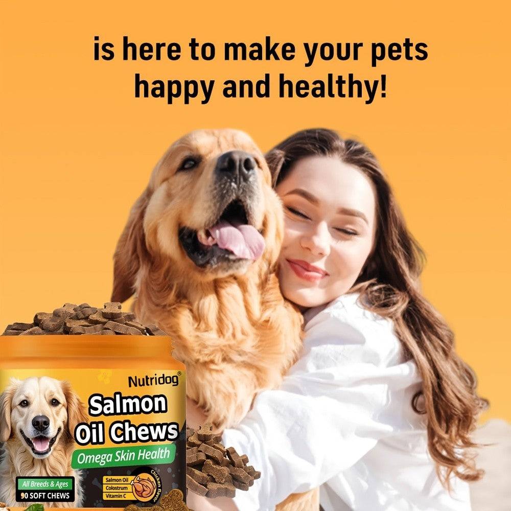 Dog Supplement Chews 90ct with Probiotics and Salmon Oil – Coat and Gut Health Chicken Flavor Soft Chews for All Ages