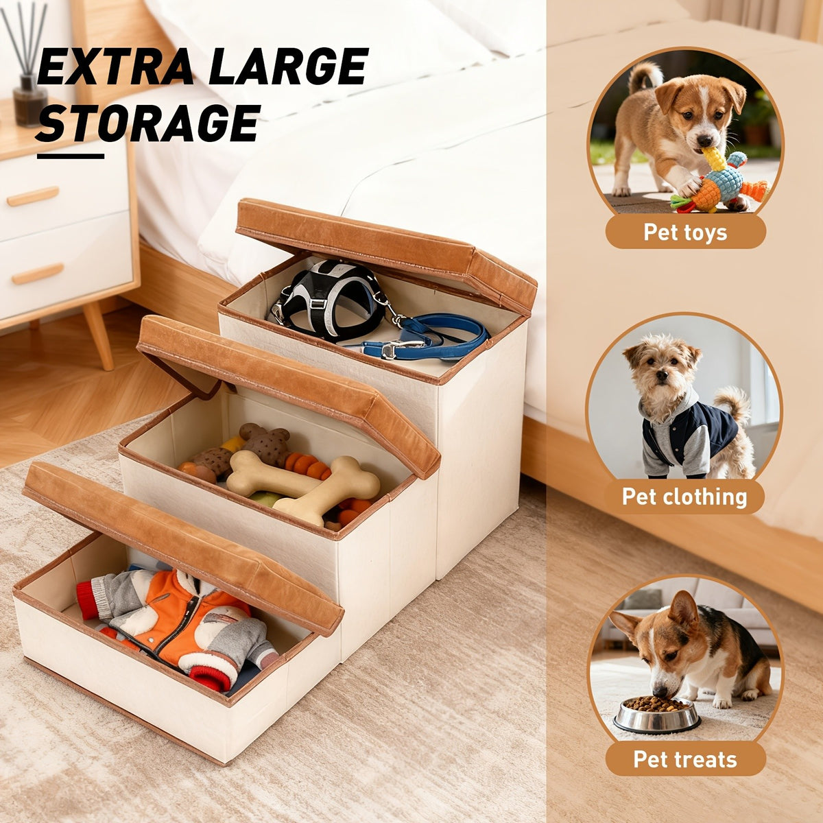 3-Tier Foldable Dog Stairs with Non-Slip Surface – Pet Steps for High Beds & Sofas, Small & Extra-Small Dogs, Nylon Ramp with Plush Chicken Toy, Coffee & Gray