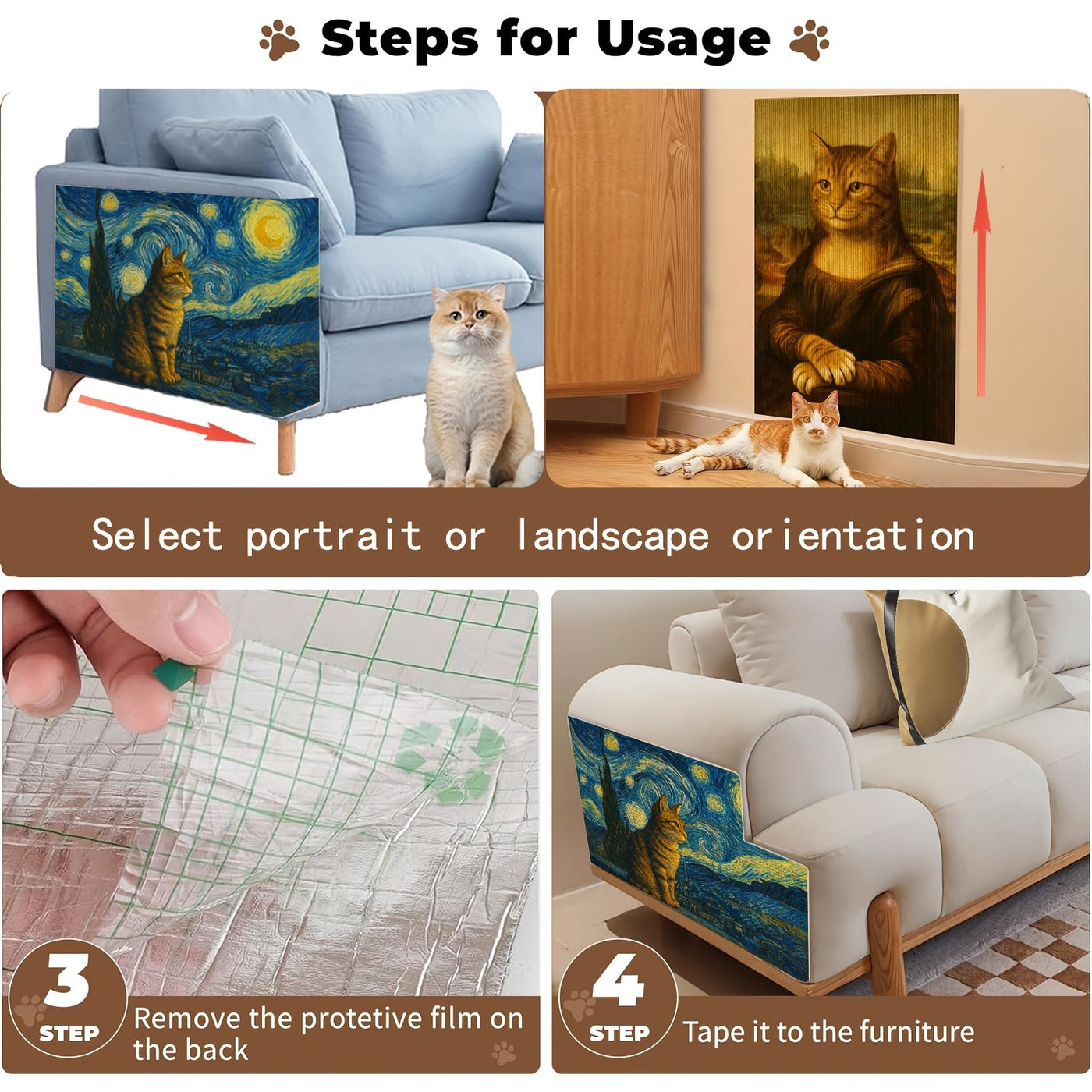 Self-Adhesive Cat Scratcher Wall Pad – Famous Artwork Designs, 15.7x23.6 Inch Sofa & Wall Protector, No-Drill Mount for Indoor Cats