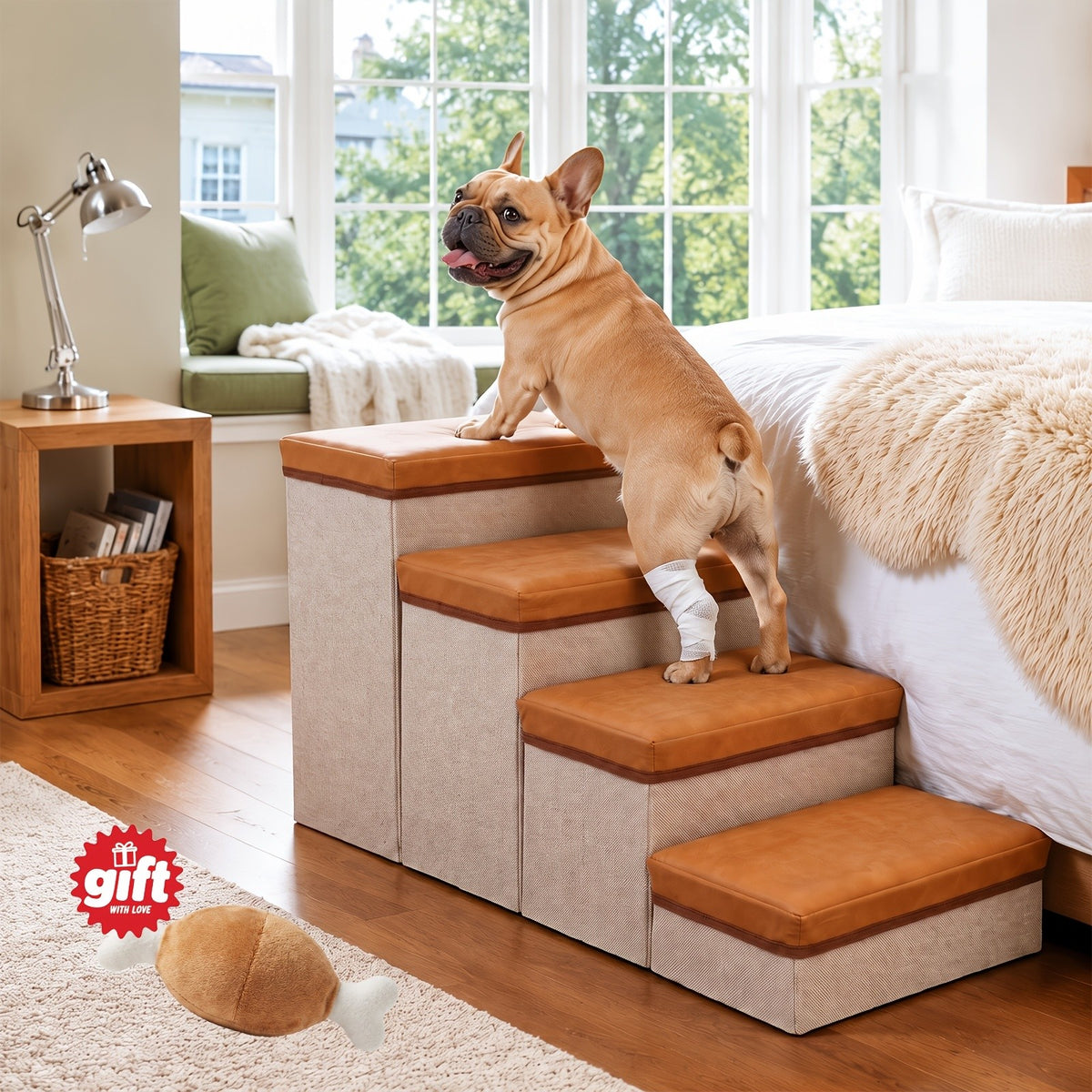 3-Tier Foldable Dog Stairs with Non-Slip Surface – Pet Steps for High Beds & Sofas, Small & Extra-Small Dogs, Nylon Ramp with Plush Chicken Toy, Coffee & Gray