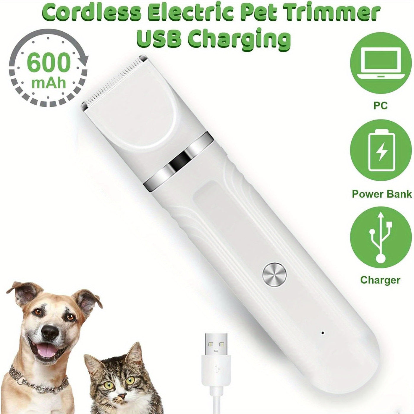 6-in-1 Pet Grooming Kit USB Rechargeable Cordless Clippers – 4 Interchangeable Blade Heads, Nail Clipper, Steel Comb & Scissors for Dogs Cats & Small Animals, White & Blue