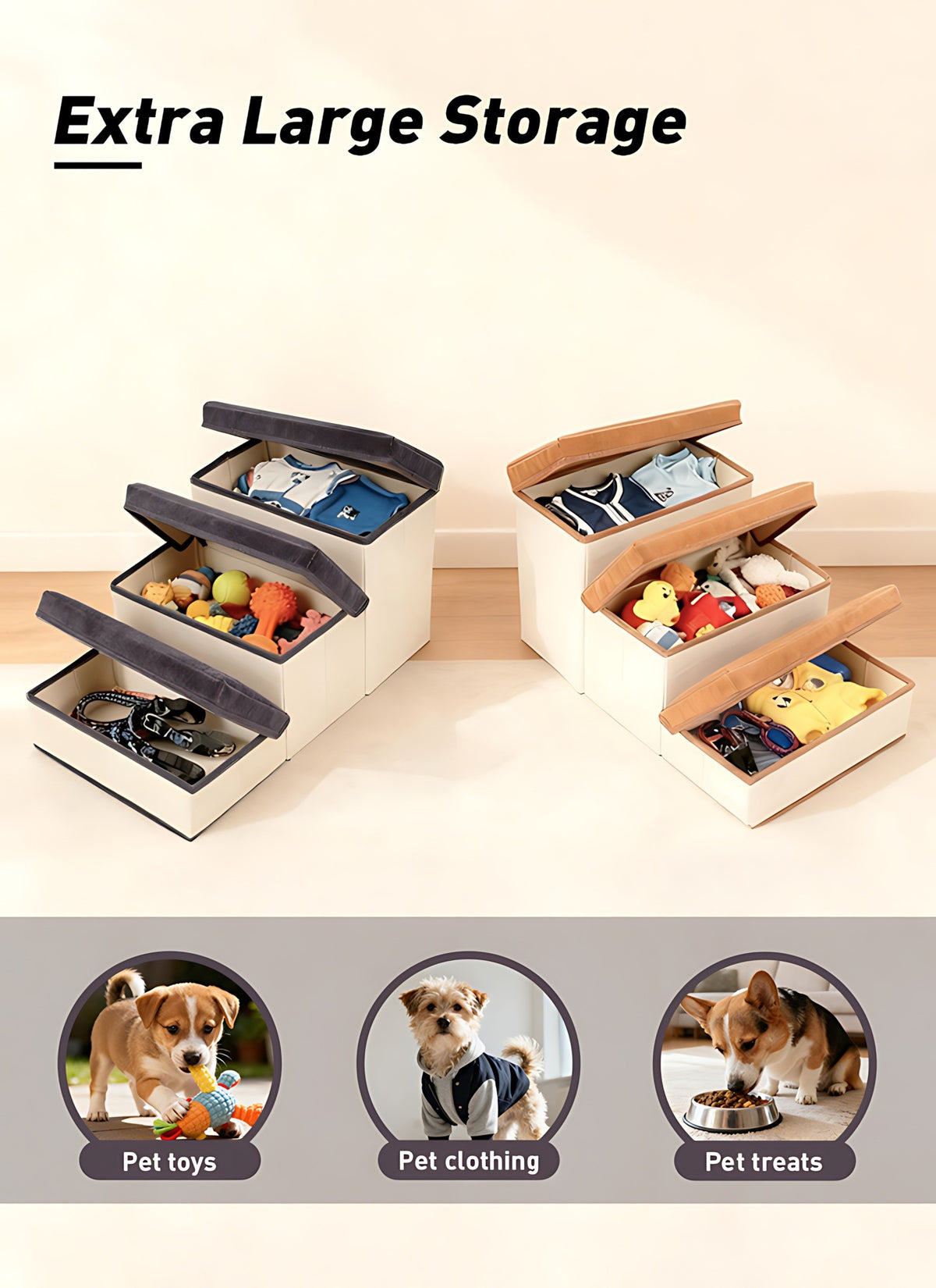 3-Tier Foldable Dog Stairs with Non-Slip Surface – Pet Steps for High Beds & Sofas, Small & Extra-Small Dogs, Nylon Ramp with Plush Chicken Toy, Coffee & Gray