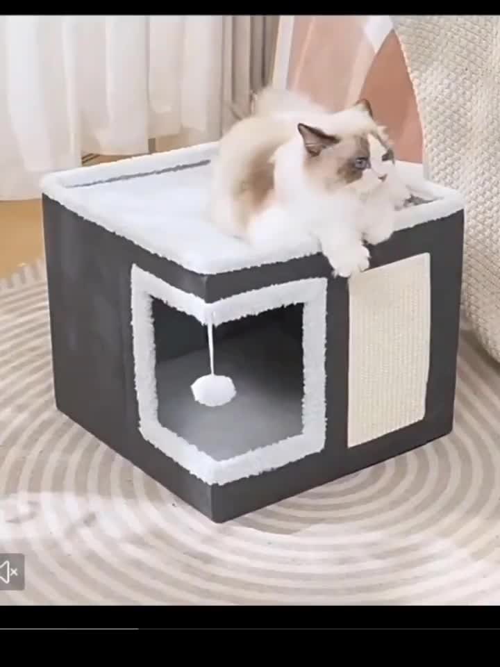 Multi-Layer Foldable Cat House with 2-Tier Bed Tunnel & Scratching Post - Cozy Indoor Cat Cube Enclosure with Plush Mat Hanging Ball Nylon Frame, All-Season Cat Hideaway