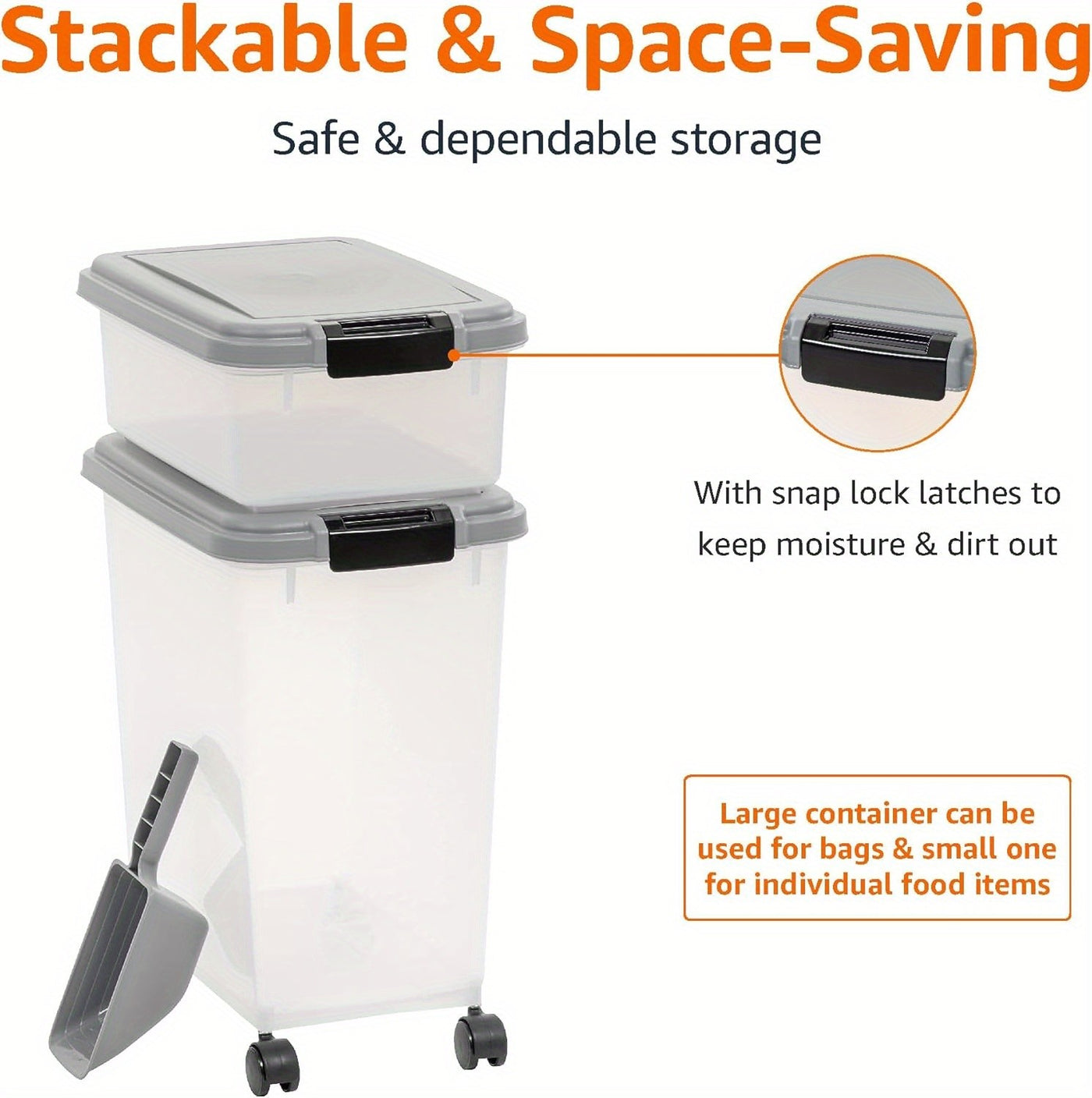 Dog Food Storage Container 30lb + 11lb Stackable Combo – Airtight Insect-Proof with Wheels & Scoop, Clear Body for Cat & Dog Food