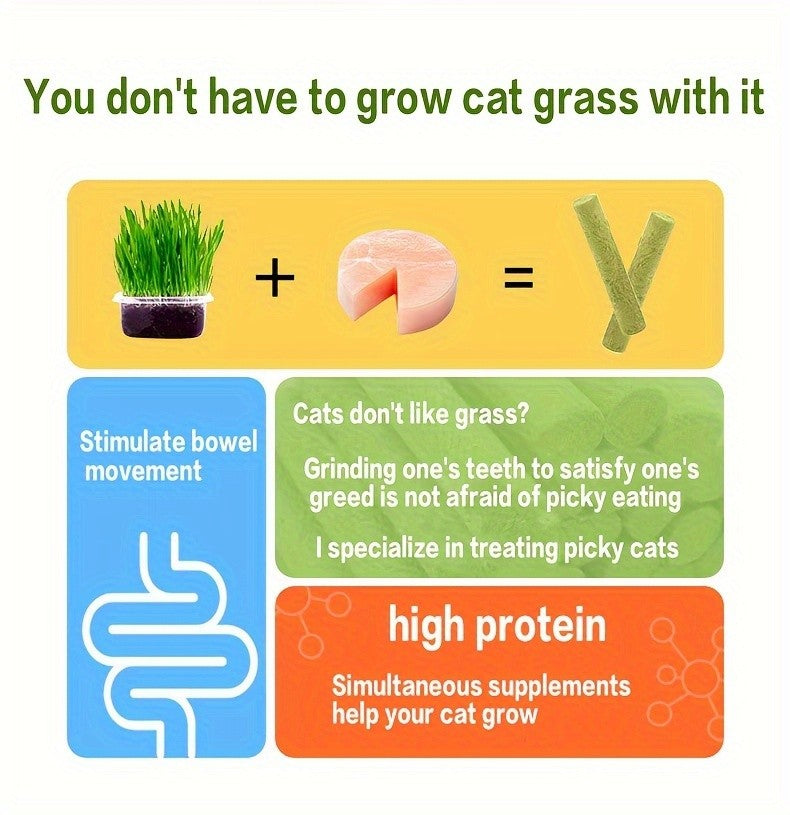 Cat Grass Sticks for Hairball Control – Freeze-Dried Catnip Treats with Instant Granules & Hair Cream Tablets for Indoor Cats | 15pcs / 3x5pcs Pack