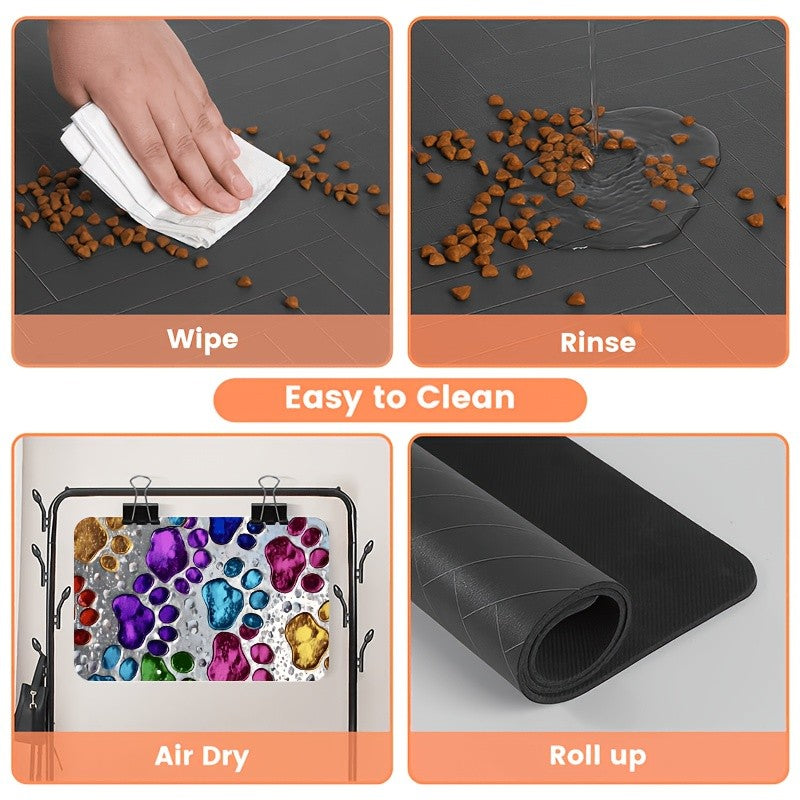 Pet Feeding Mat Absorbent Splash-Proof Non-Slip – Quick-Dry Heavy-Duty Floor Protector for Dogs & Cats, Colorful Paw Pattern, S/M/L/XL