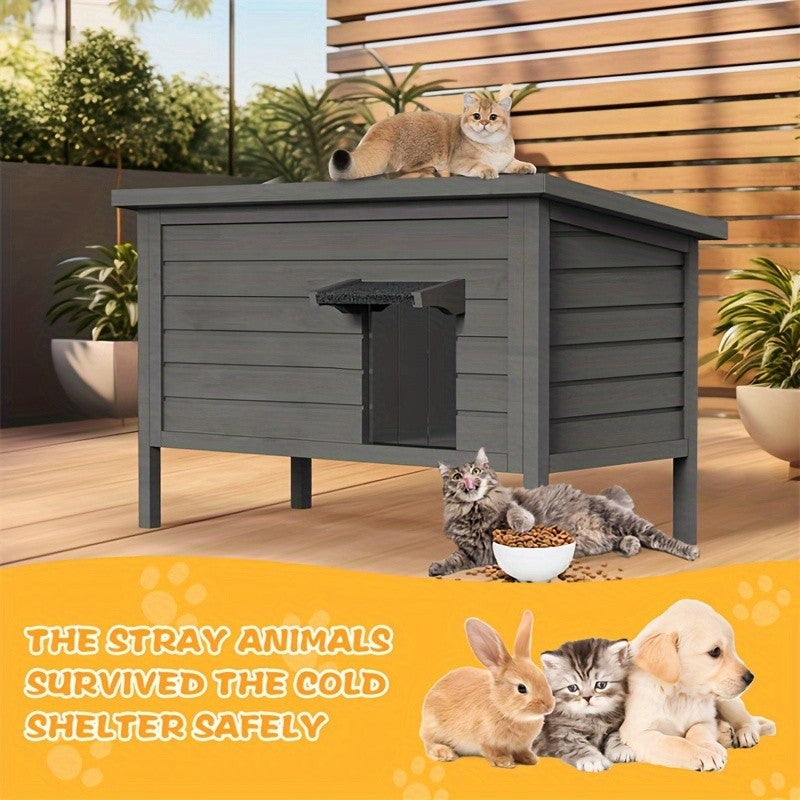 Outdoor Cat House Insulated Waterproof – 6-Side Foam Insulated Solid Wood Feral Cat Shelter with Feeding Station, Fits 2-3 Cats, 34.4"L×21.7"W×27.2"H