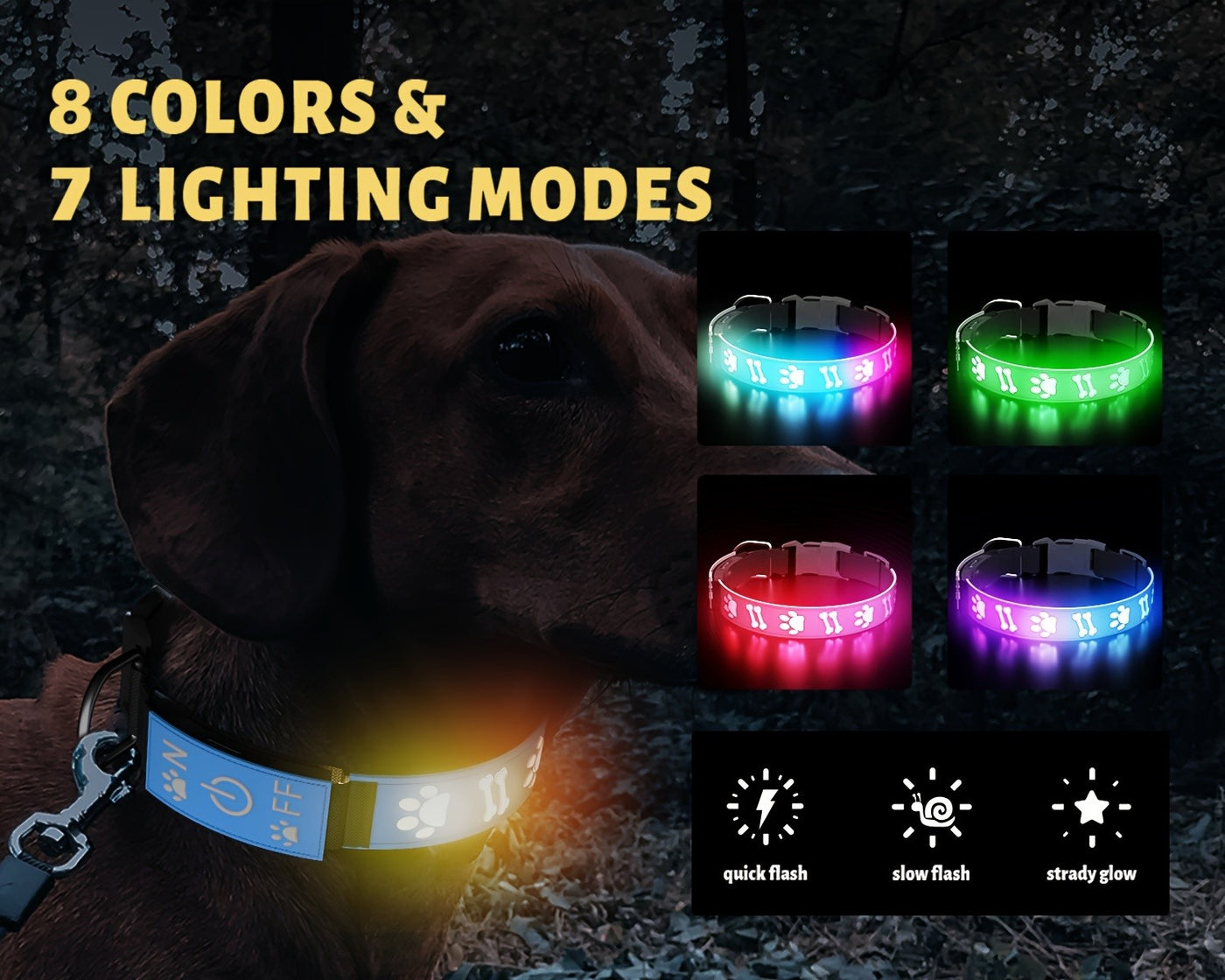 LED Dog Collar USB Rechargeable with 15 Light Modes – Adjustable Glow Safety Collar for Nighttime Walks, Soft 3D Flash Pet Collar for All Dog Sizes, Green Blue Pink Red Black