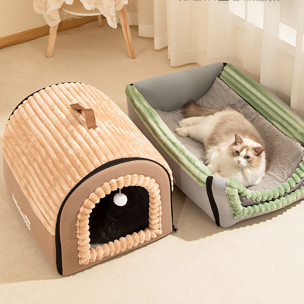 2-in-1 Foldable Indoor Dog House & Pet Tent Cave Bed - Soft Fluffy Washable Cushion Mat with Lid, All-Season Privacy Warm Bed for Small Medium Large Dogs Cats