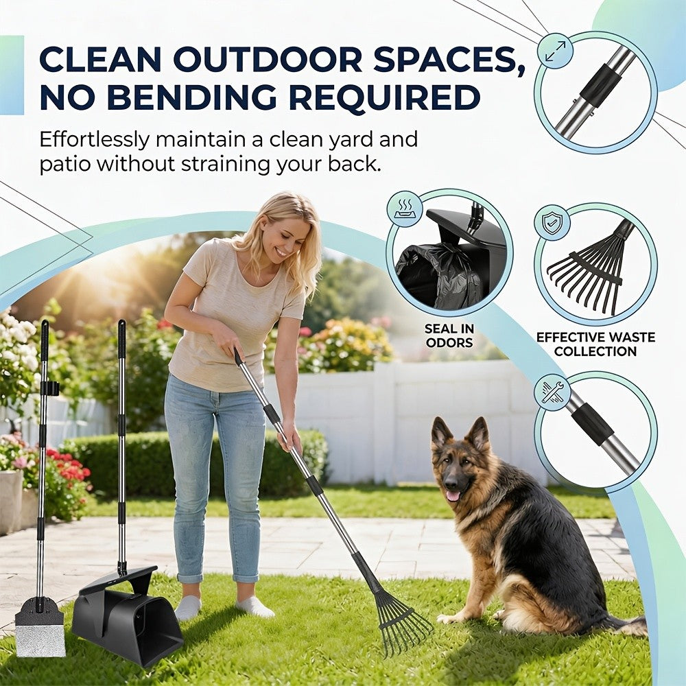 Dog Pooper Scooper Set Heavy Duty – Long Handle with Swivel Bin, Rake & Spade for Grass, Dirt & Gravel, Includes 40 Waste Bags, 2 or 3 Piece Set for Large Dogs