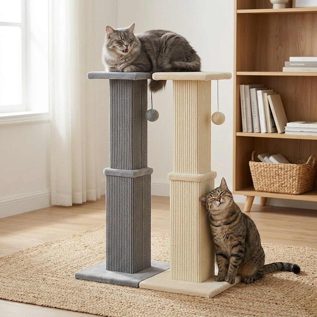 Multi-Tier Sisal Cat Scratching Post Tower with Dangling Ball - 18.9" & 32" Indoor Cat Tree for Energetic Cats, Sturdy Tiered Design, 6 Colors