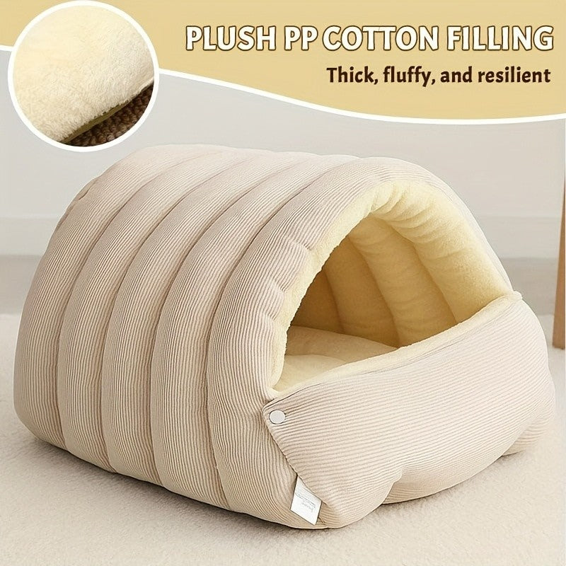 Cat Cave Bed for Indoor Cats – Cozy Cave-Style Tent with Removable Cushion, Warm Sleeping Bag Nest for Cats & Small Dogs, Autumn & Winter Pet Bed in Beige, Green & Purple