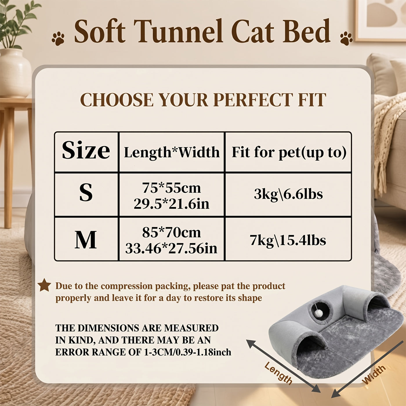 Cat Tunnel Bed with Memory Foam & Glow-in-the-Dark Stars - Detachable Plush Cat Condo, 3D Support, Hanging Ball, Machine Washable Pet Nest for Indoor Cats, 29.5x21.6in