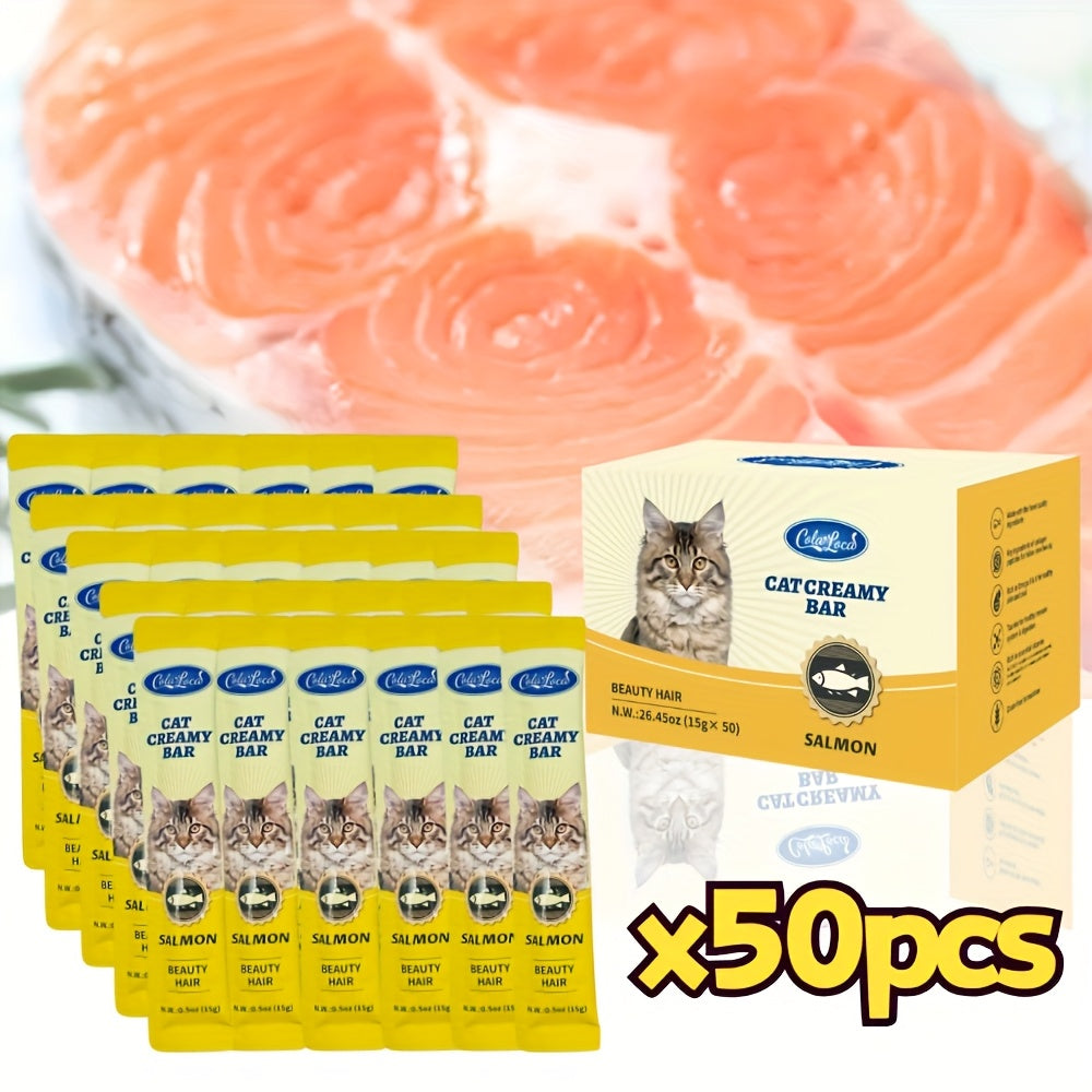 Squeezable Wet Cat Food Strips 50pcs Variety Pack Chicken Tuna Salmon Mixed Flavors Soft Lickable Cat Treats Hydration Snack