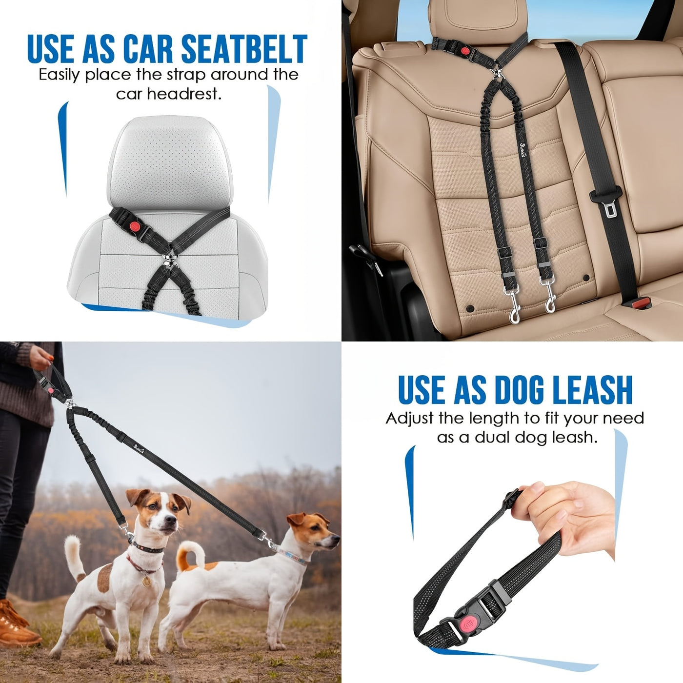 Dual Dog Car Seat Belt for 2 Dogs – No-Tangle Headrest Restraint with Adjustable Bungee, Safe Pet Car Safety Harness for Small Medium Large Dogs, Black Pink Red
