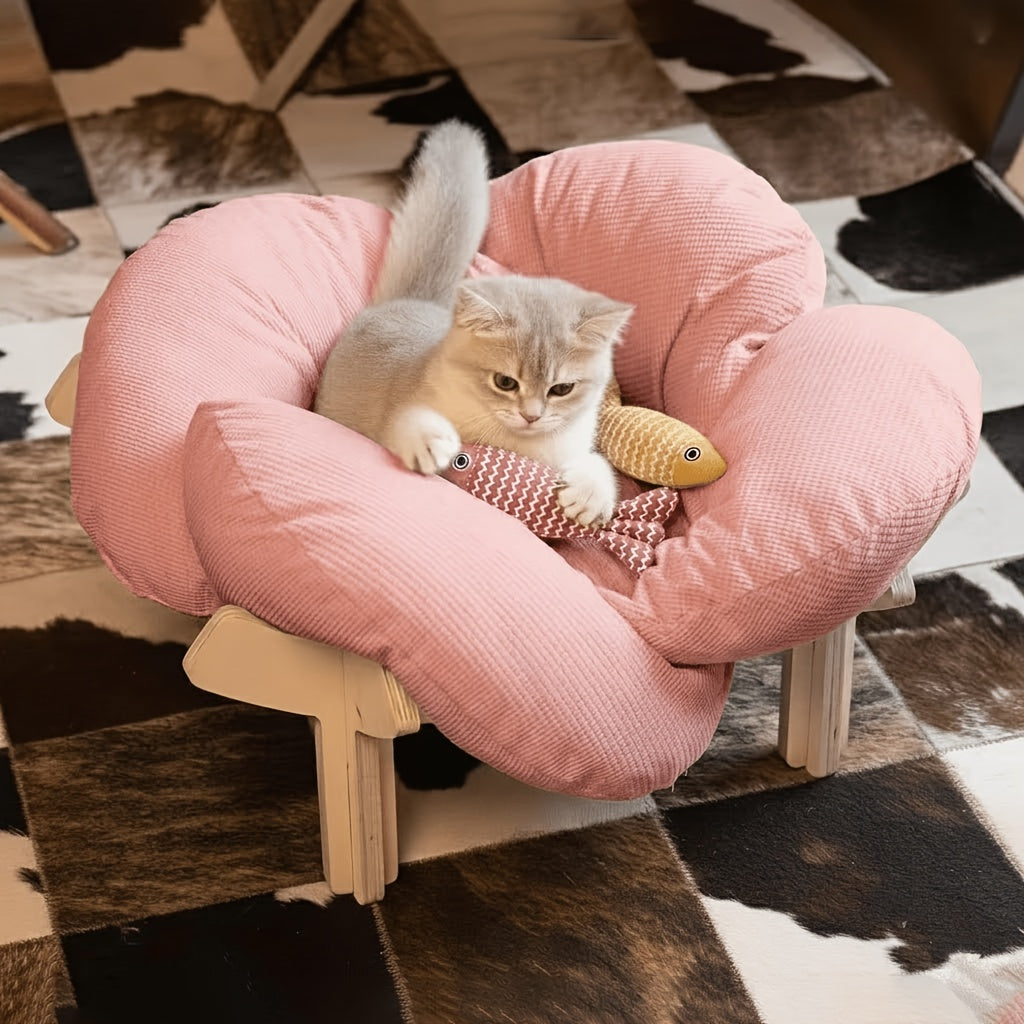 Elevated Wooden Cat Bed with Soft Cushion Raised Pet Lounge Chair Sofa – Modern Solid Wood Cat Hammock for Indoor Cats and Small Dogs with Linen Fish Toy
