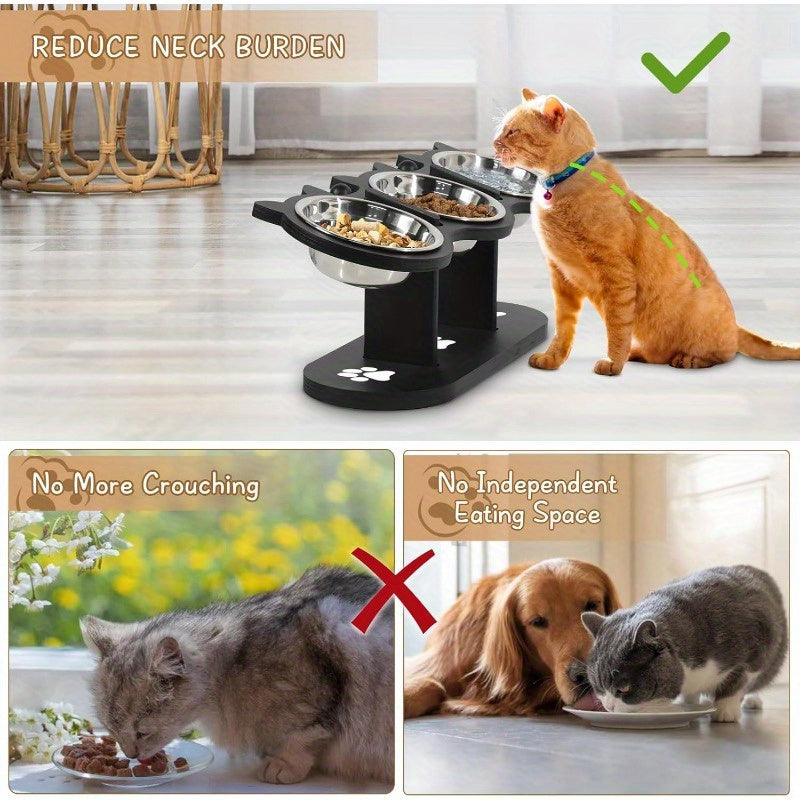 Elevated Cat Bowls 15° Tilted Stainless Steel – Raised Bowl Stand Feeder with Anti-Spill Wooden Base, Set of 2 or 3, for Cats & Small Dogs