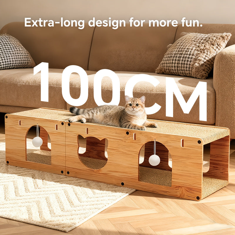 Cat Scratcher Tunnel Bed with Wood Frame Extra Large Donut Cat Tunnel with Scratching Board & Plush Balls - Anti-Scratch Toy for Medium & Large Cats, Cardboard Cat House