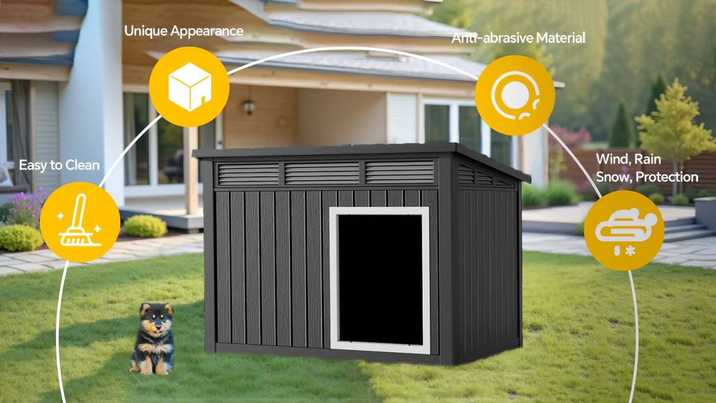 XXXL Outdoor Dog House for Large Dogs – All-Weather Resin Kennel with Gas-Lift Ventilated Canopy, UV-Proof & StormProof Design, Easy Assembly Shelter for Multi-Pet Households
