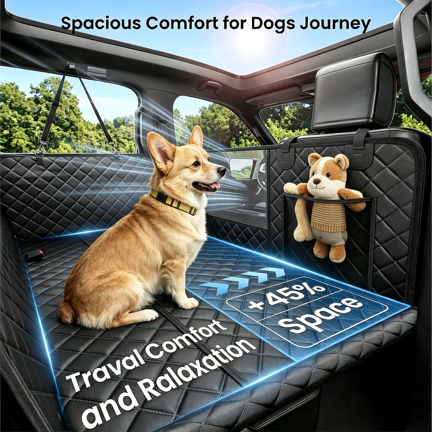 Dog Car Seat Cover Back Seat Extender with Hard Bottom - Holds 400lbs, Dog Hammock for Car SUV Truck, Mesh Window, 2 Storage Pockets, Non-Slip 6-Layer Fabric, Black