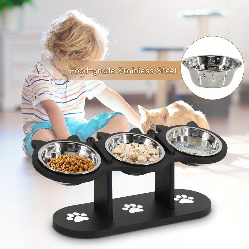 Elevated Cat Bowls 15° Tilted Stainless Steel – Raised Bowl Stand Feeder with Anti-Spill Wooden Base, Set of 2 or 3, for Cats & Small Dogs