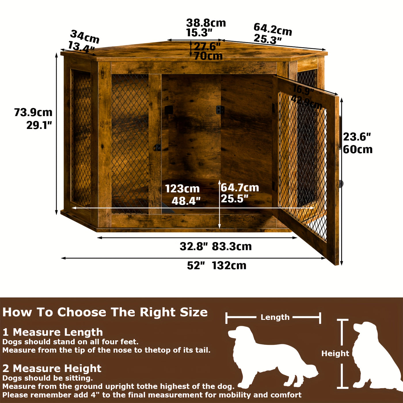 Wooden Dog Crate Furniture End Table with Mesh Door – Indoor Pet Kennel Side Table for Small Medium Dogs, 2 Sizes Brown Grey White