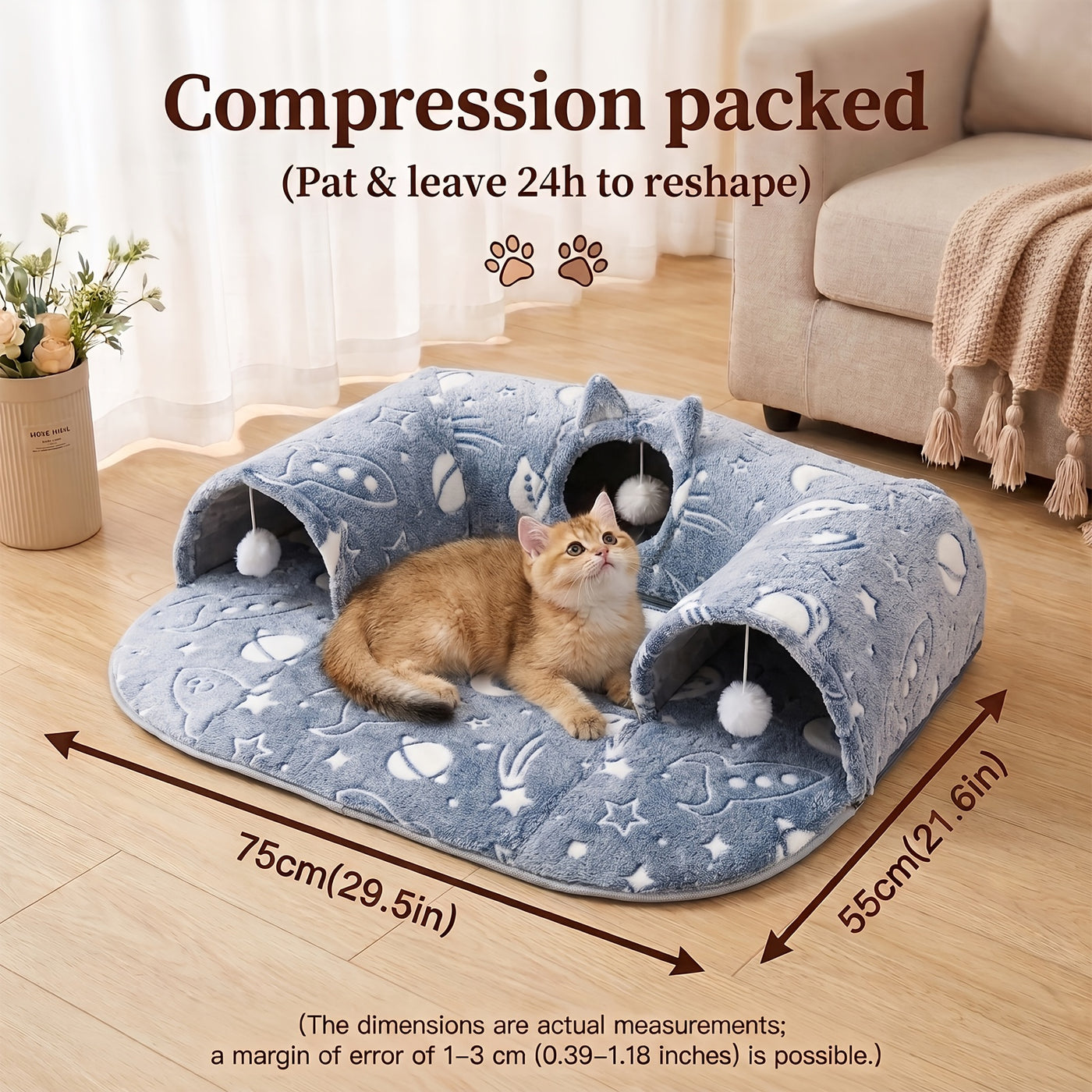 Cat Tunnel Bed with Memory Foam & Glow-in-the-Dark Stars - Detachable Plush Cat Condo, 3D Support, Hanging Ball, Machine Washable Pet Nest for Indoor Cats, 29.5x21.6in