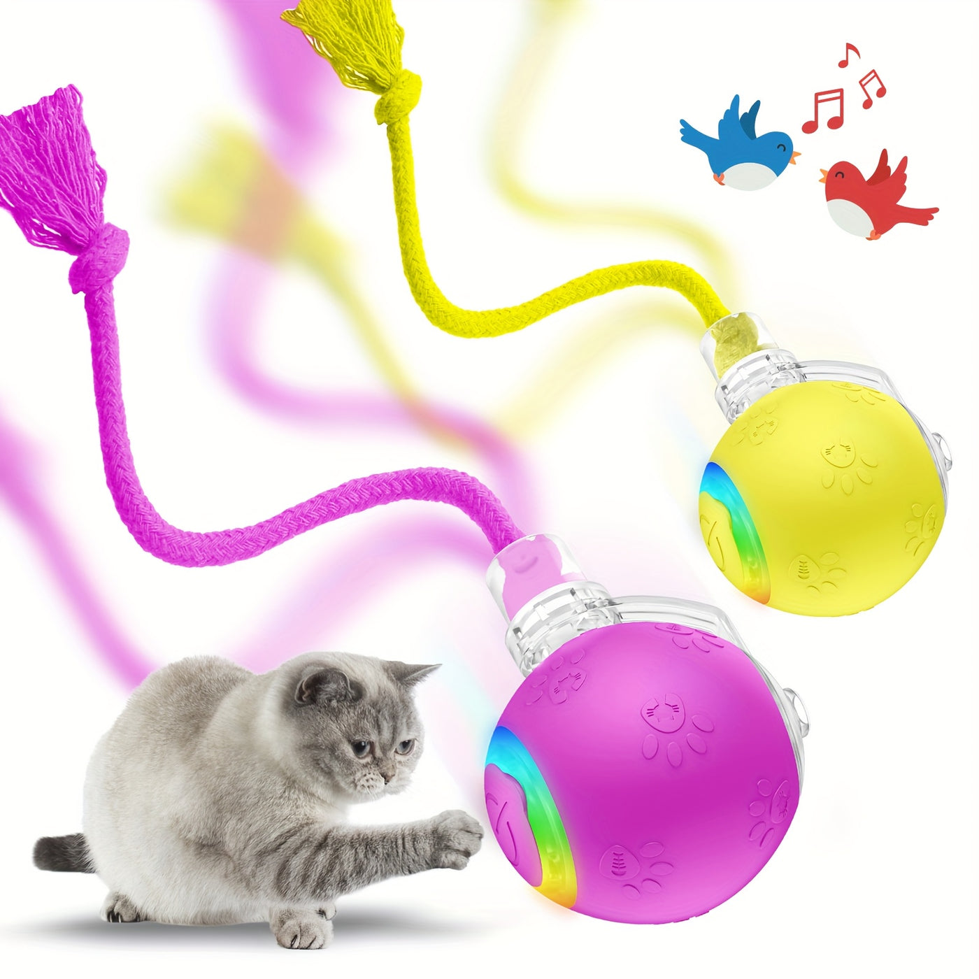 Motion-Activated Smart Cat Toy 2-Pack USB Rechargeable with Bird Sounds Colorful Lights - Interactive Self-Play for Indoor Cats & Kittens