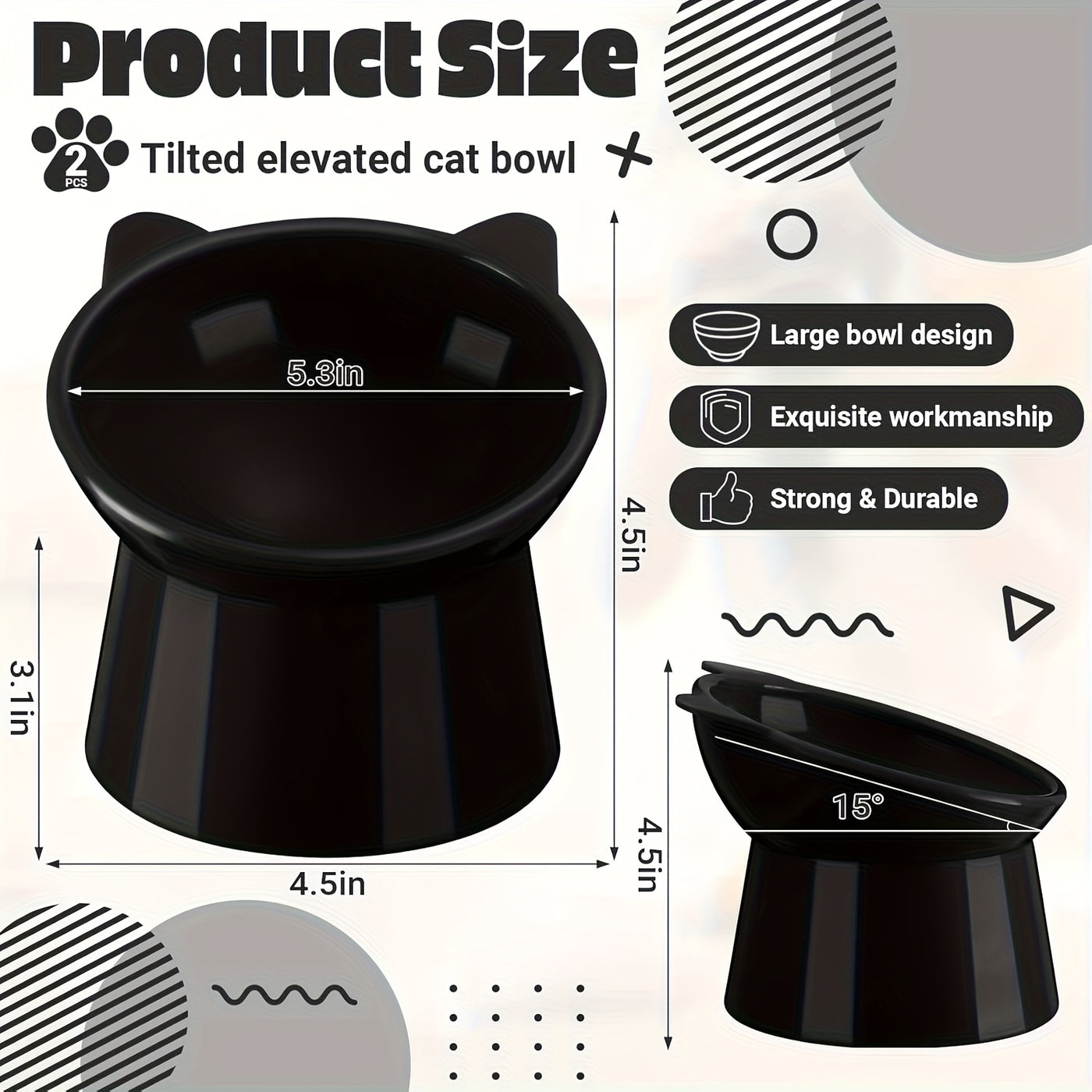 Cat Ear Shaped Raised Cat Bowls Set of 2 – Elevated Anti-Slip Anti-Vomiting Feeding Dish for Cats & Small Dogs, Neck Comfort Design