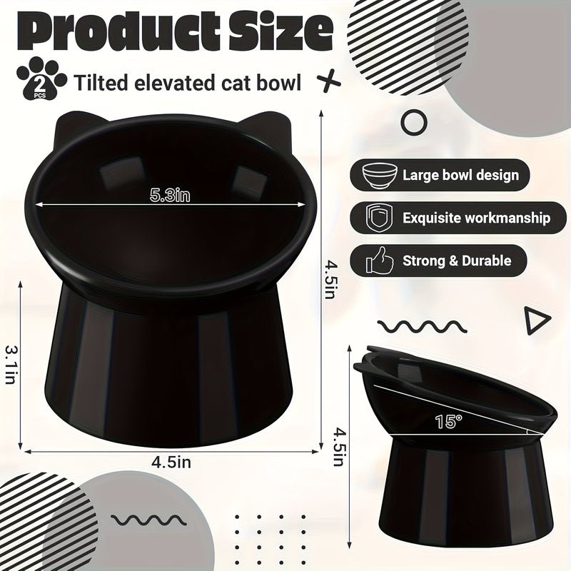 Cat Ear Shaped Raised Cat Bowls Set of 2 – Elevated Anti-Slip Anti-Vomiting Feeding Dish for Cats & Small Dogs, Neck Comfort Design