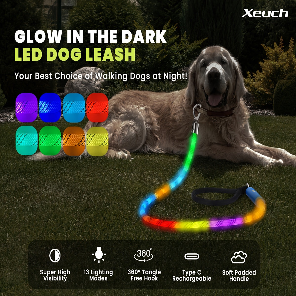LED Light Up Dog Leash 4Ft Rechargeable with 13 Lighting Modes & Tangle-Free Hook for Night Walking - Glow in the Dark Safety Leash for Small Medium Large Dogs