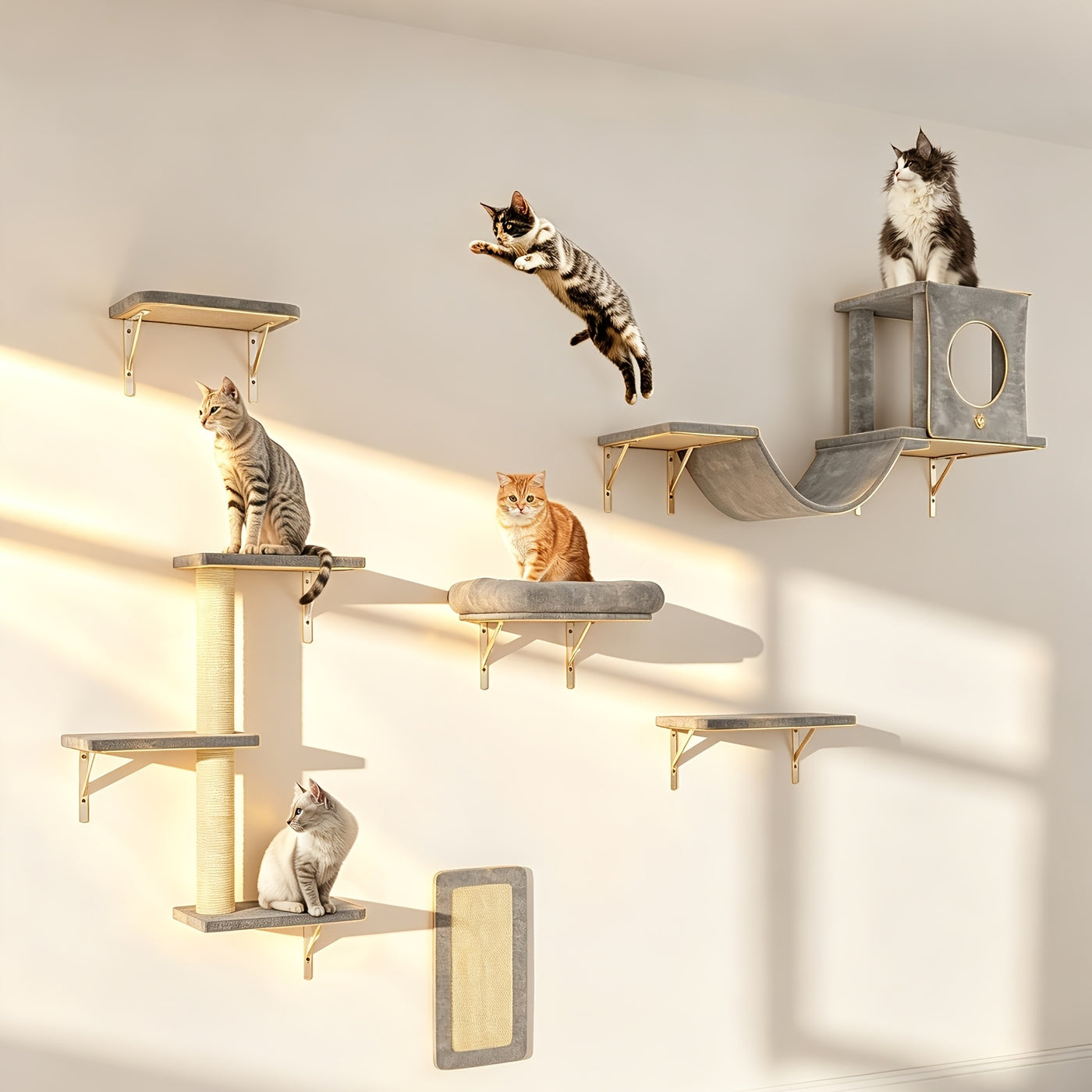 Wall Mounted Cat Climbing Shelf Set – 6 or 7 Piece Cat Wall Furniture with Scratching Post, Bridge, Ladder & Tunnel, Indoor Cat Condo for Cats of All Sizes