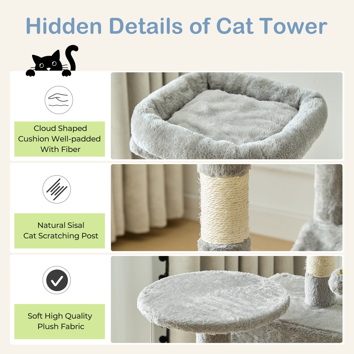 44-Inch Large Cat Tree Tower with Condo, Hammock & Sisal Scratching Posts – Multi-Level Indoor Cat House for Multiple Cats