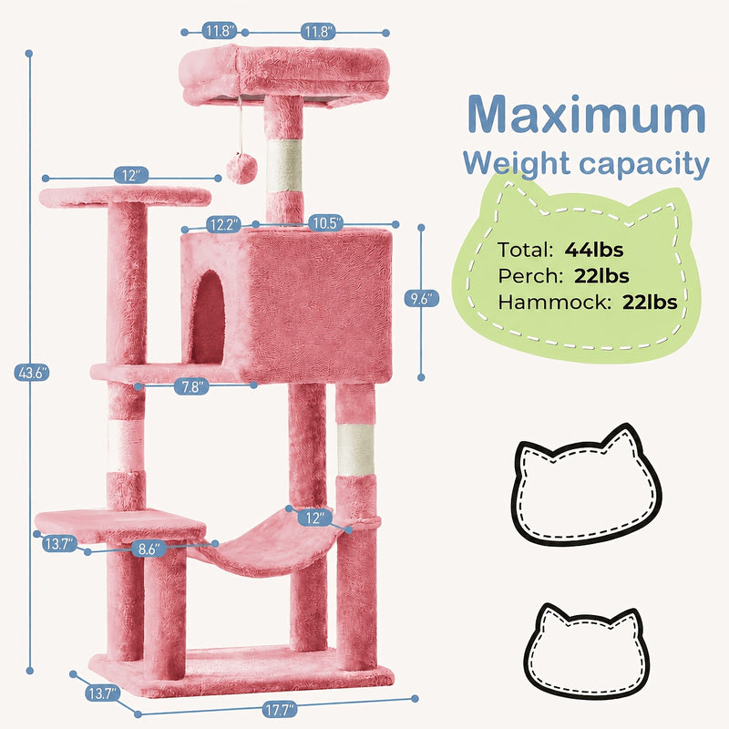 44 Inch Cat Tree Tower with Condo Hammock & Sisal Scratching Posts - Multi-Level Cat Tower for Indoor Cats with Perches & Pet House