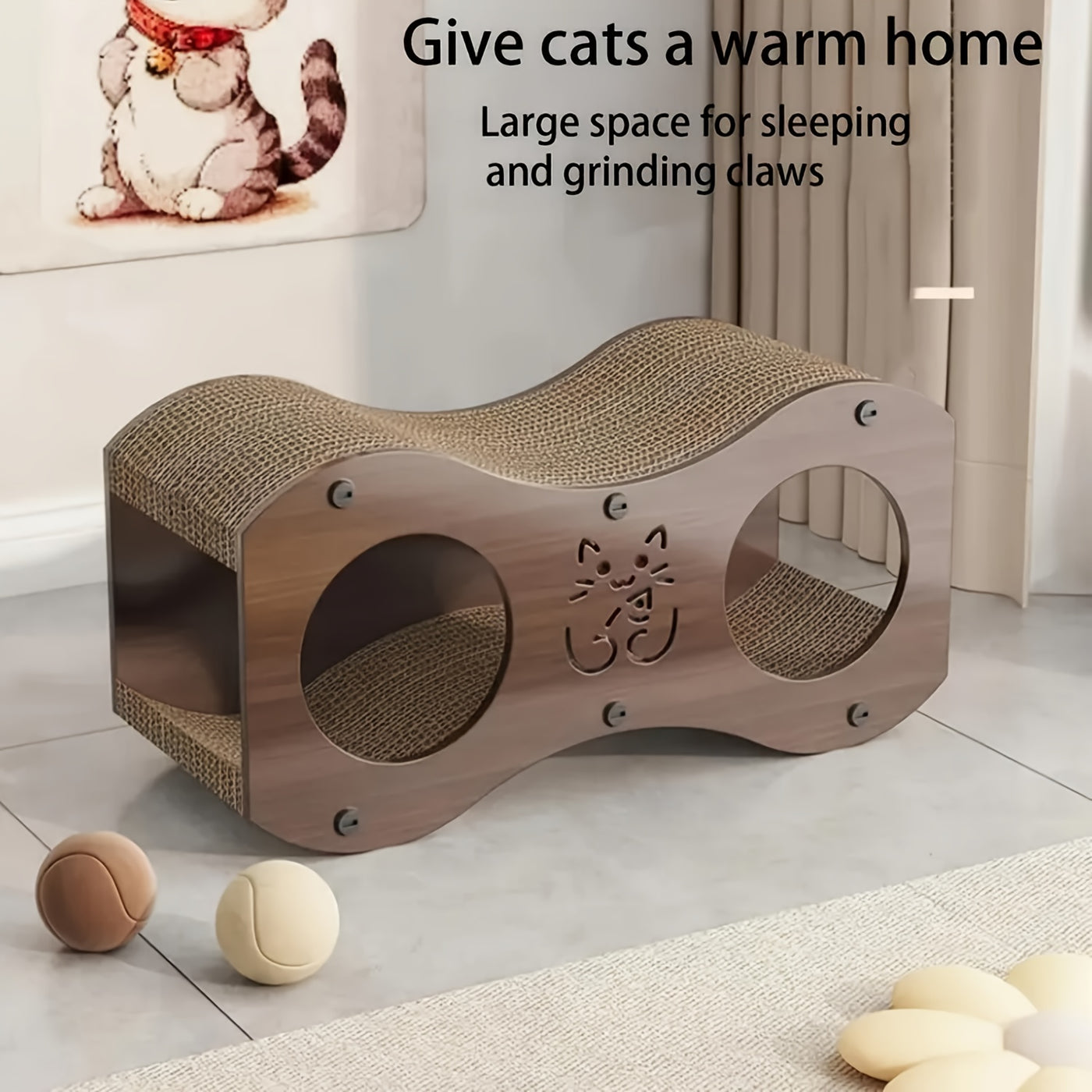 Cat Scratching Post with Integrated Woven Bed & Cat Toy - Sturdy Wood Base 4-Season Scratch Pad for Indoor Cats, Lounging & Play, Oak or Walnut Color