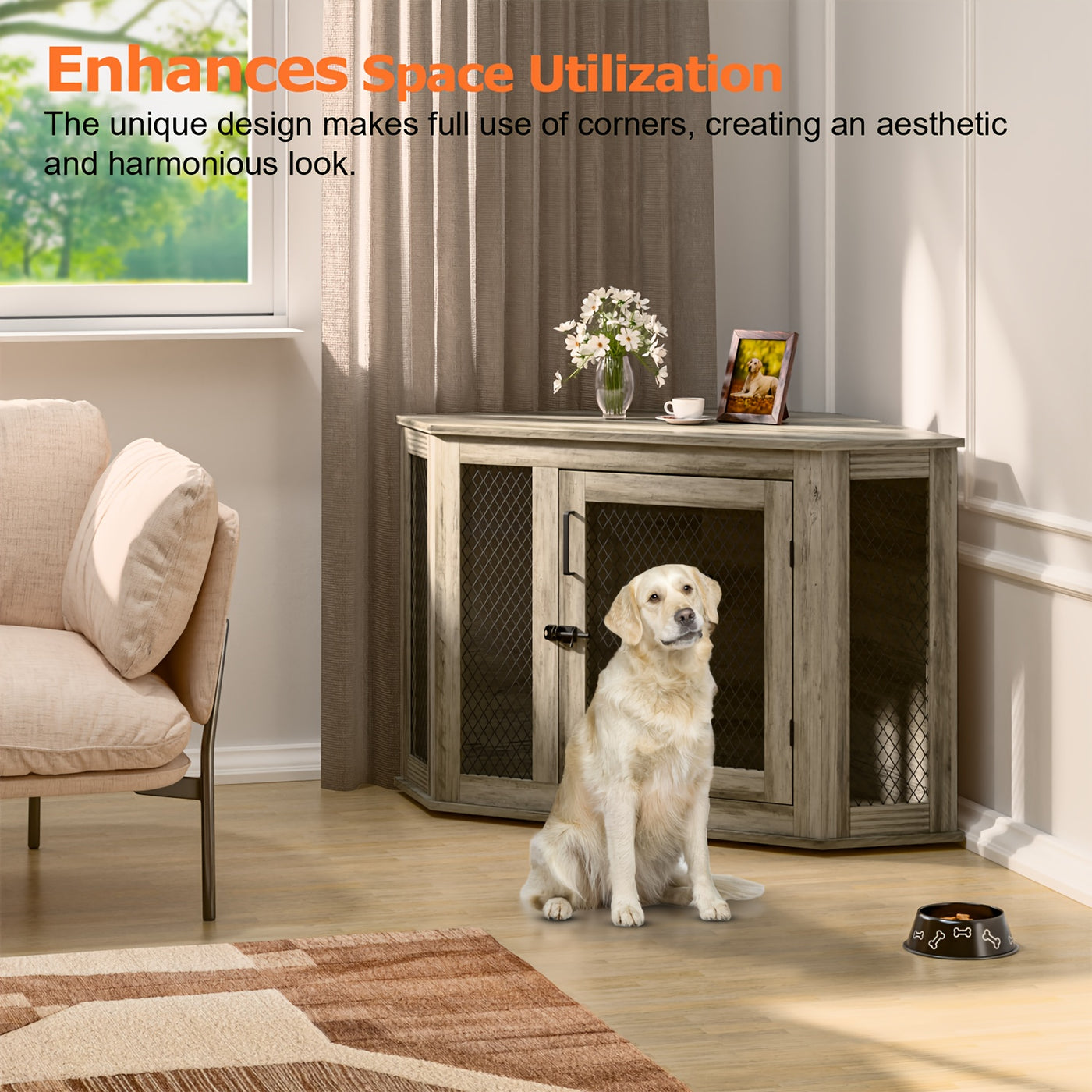 Wooden Dog Crate Furniture End Table with Mesh Door – Indoor Pet Kennel Side Table for Small Medium Dogs, 2 Sizes Brown Grey White