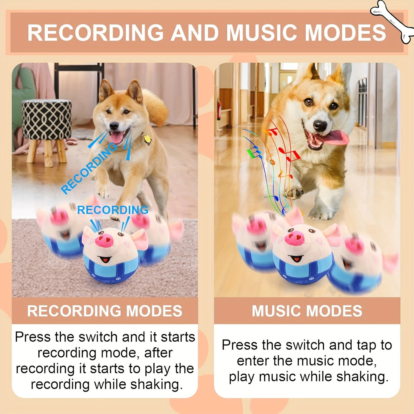Rolling Bouncing Dog Toy with Motion Sensor & Animal Sounds – USB Rechargeable, Recording Mode, Washable, for Puppies & Small Dogs, Single or 2-Pack