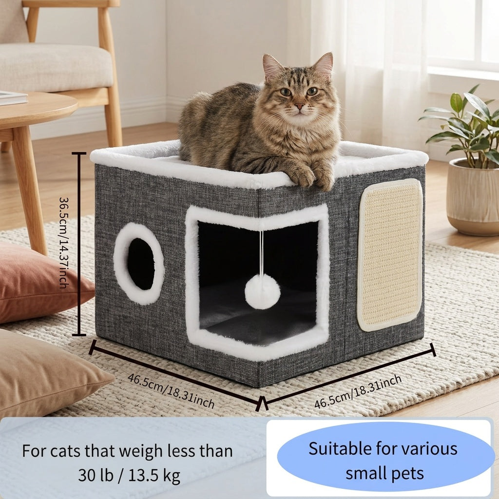 Foldable Multi-Layer Cat House Cube - 2-Tier Bed, Toy Tunnel, Scratching Post & Plush Mat, Cozy All-Season Indoor Cat Enclosure with Hanging Ball, Nylon Frame & Canvas