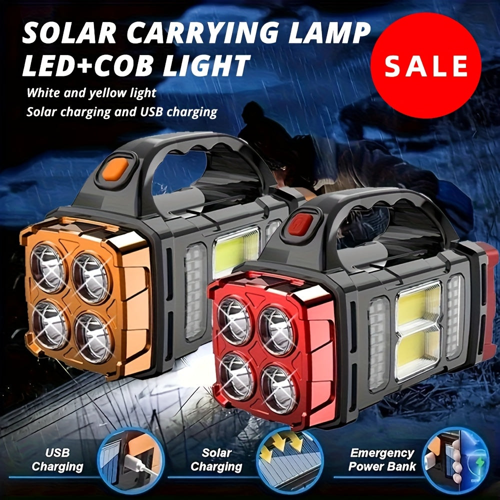 Solar & USB Rechargeable LED Lantern Flashlight – 1800mAh COB Work Light, 4 Modes, Emergency Power Bank, IPX4 Waterproof, Portable Camping Lantern, 1 or 2 Pack