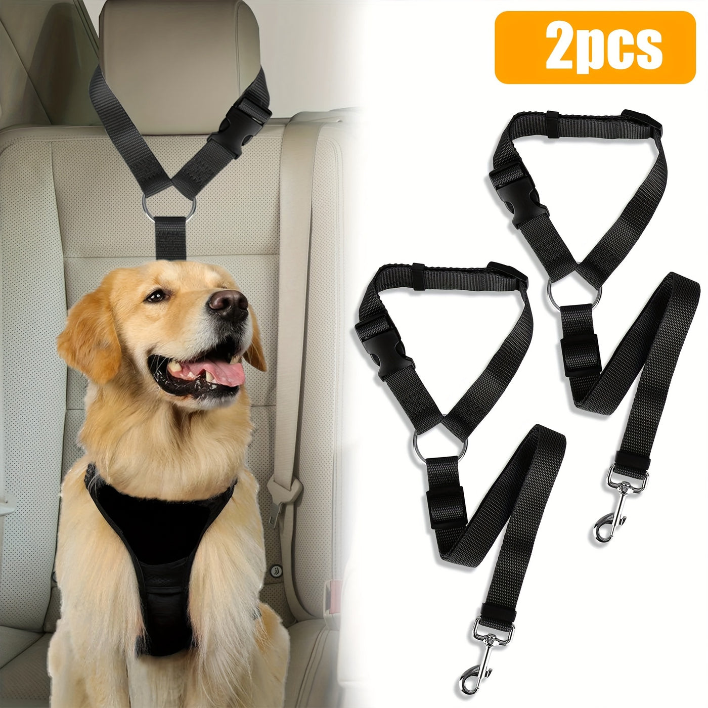 2-in-1 Dog Car Seat Belt & Leash Set 2 Pack – Adjustable Nylon Pet Safety Tether for Small Dogs, Vehicle Travel & Daily Walks
