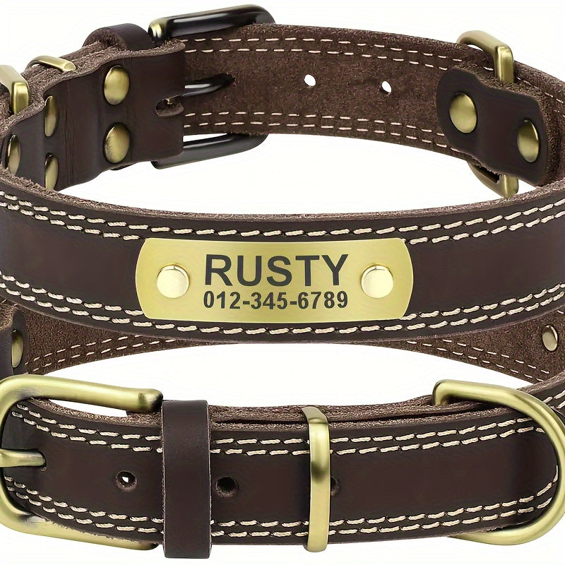 Personalized Dog Collar Custom Engraved Nameplate – Soft Synthetic Leather ID Tag Collar for All Dog Sizes, Adjustable Sizes XS-L, Coffee Brown