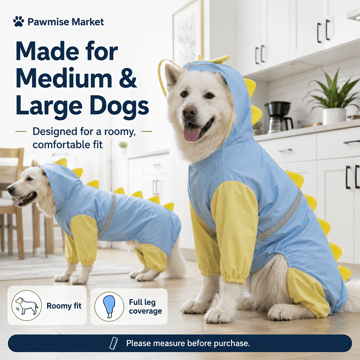 Large Dog Raincoat Dinosaur Costume Full Body – Waterproof Rain Jacket with Hood & Tail for Golden Retriever Labrador, Funny Outdoor Pet Outfit 3XL-8XL