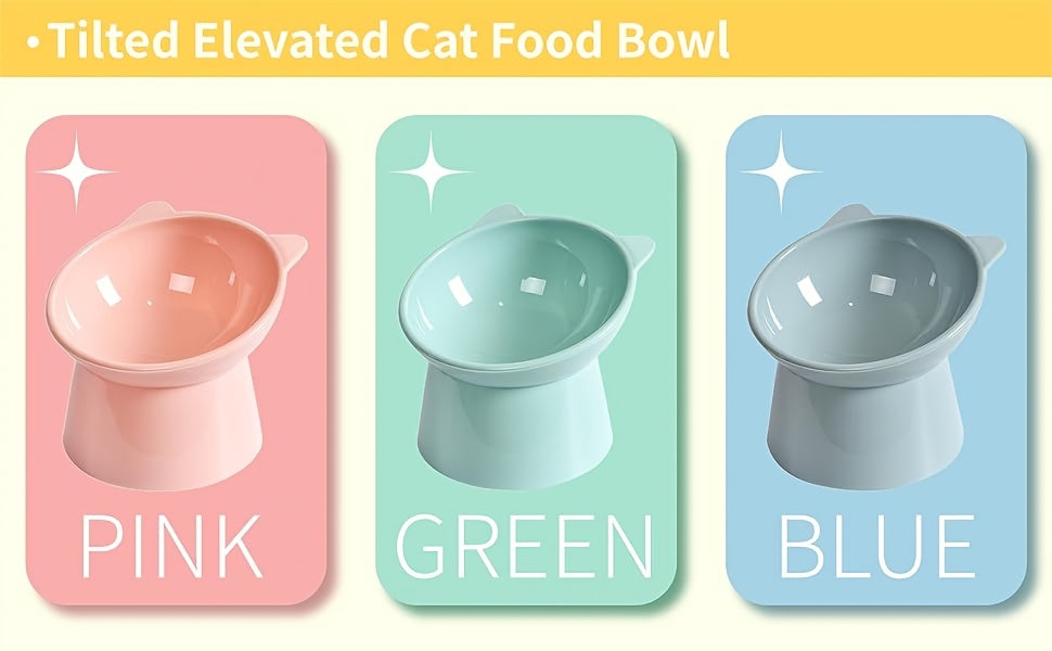 Raised Cat Bowls Set of 3 Cat Ear Shaped – Tri-Color Elevated Anti-Slip Feeder Dish for Multi-Cat Households, Neck Comfort Design (Pink/Green/Blue)