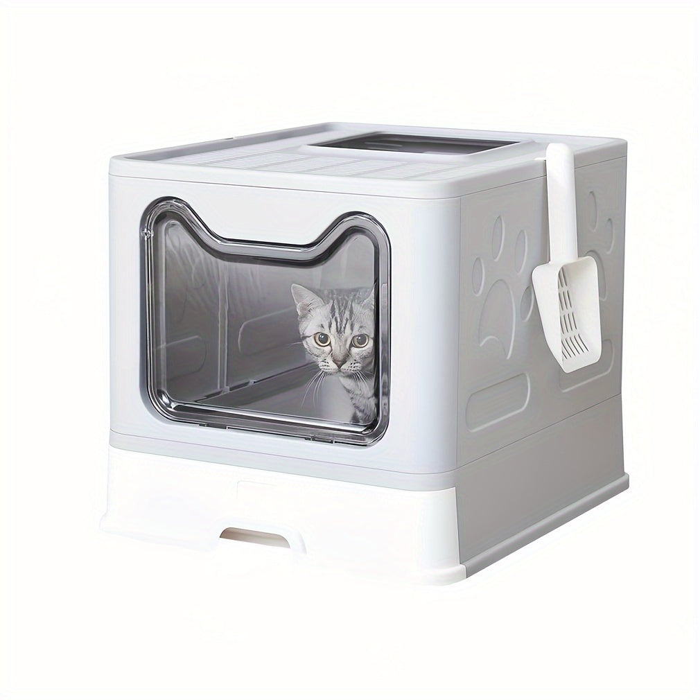 Large Top-Entry Cat Litter Box with Drawer Tray & Scoop - Odor Control Self-Cleaning Cat Toilet for Cats Up to 10kg, Modern Design Foldable Litter Box, Gray/Pink