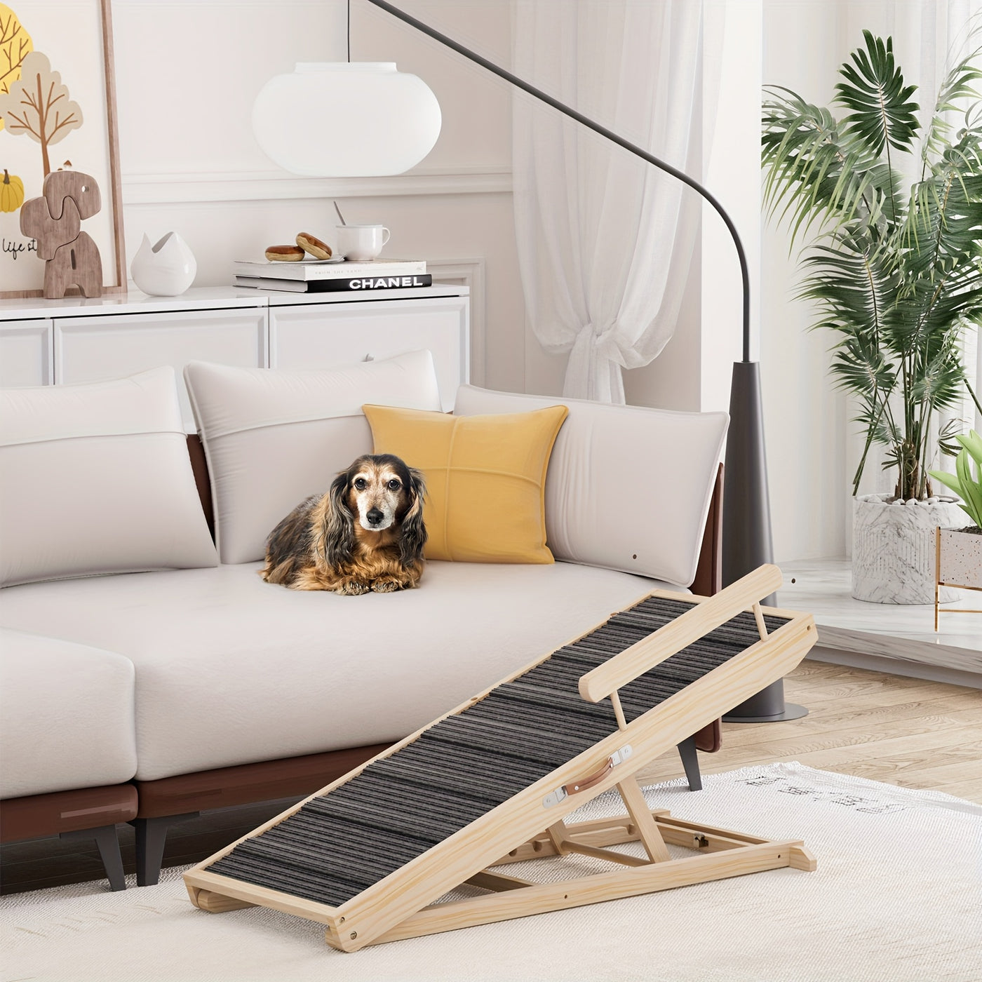 Wooden Dog Ramp for Bed & Couch – Foldable Adjustable Height Pet Ramp with Safety Guards, Holds 250 lbs, Dog Steps for Small Large Dogs & Seniors, Indoor Outdoor, 44 or 55 Inch