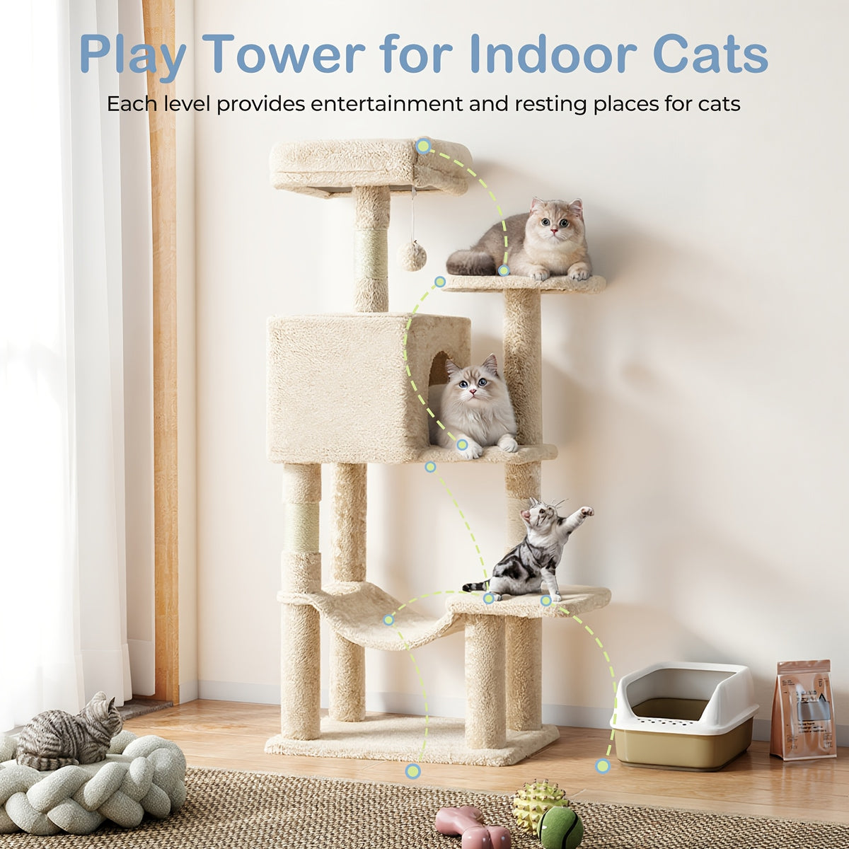 44 Inch Cat Tree Tower with Condo Hammock & Sisal Scratching Posts - Multi-Level Cat Tower for Indoor Cats with Perches & Pet House
