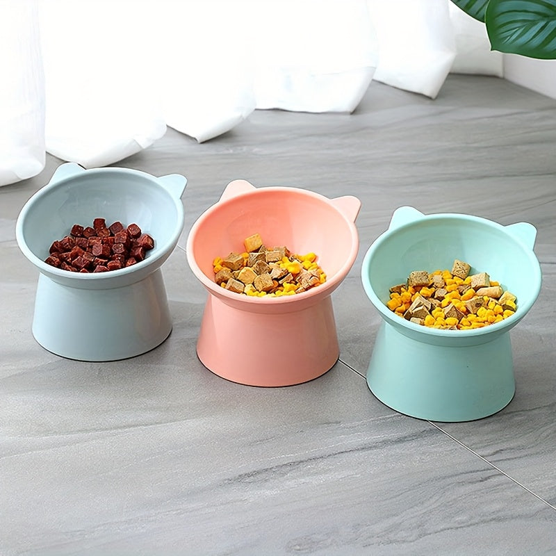 Raised Cat Bowls Set of 3 Cat Ear Shaped – Tri-Color Elevated Anti-Slip Feeder Dish for Multi-Cat Households, Neck Comfort Design (Pink/Green/Blue)