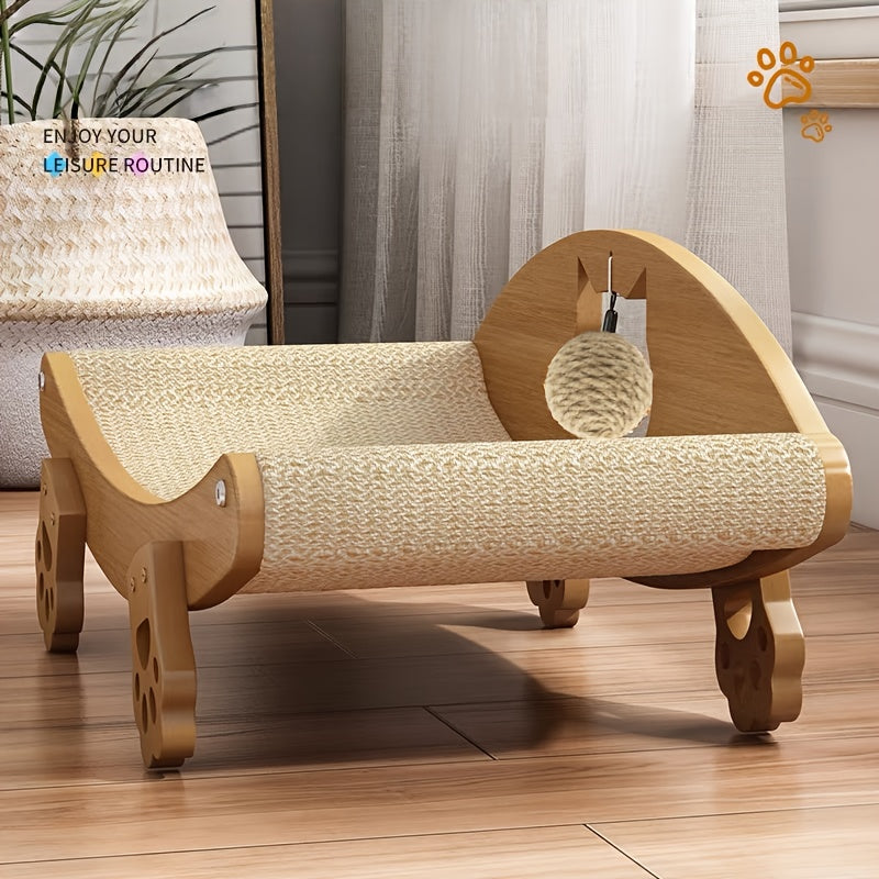 Sisal Cat Scratcher Lounge Chair with Hanging Ball Toy – Solid Wood Curved Cat Bed & Scratching Pad, Furniture Protector for Indoor Cats
